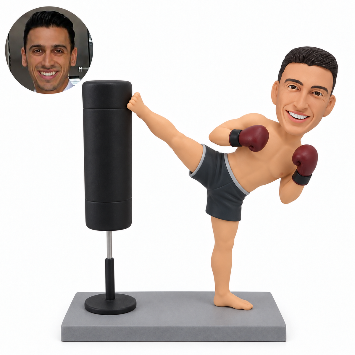 custom bobblehead figure male kickboxer making a high side kick against a freestanding training bag