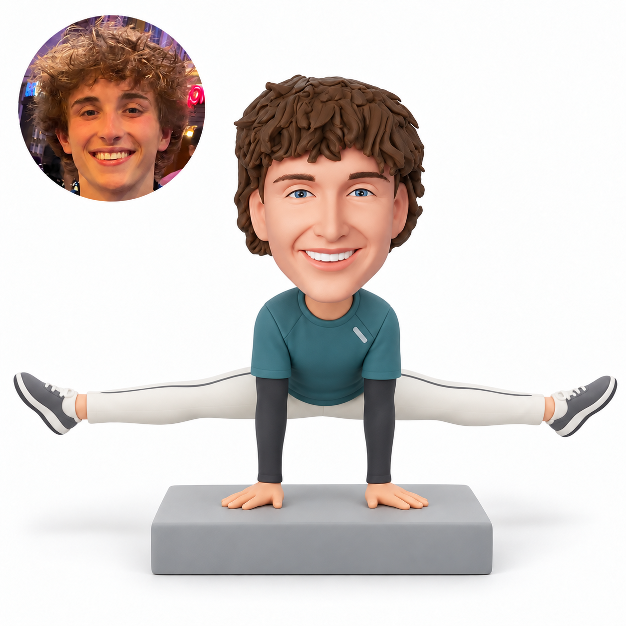 custom bobblehead figure male gymnast balancing on both hands with his legs spread horizontally