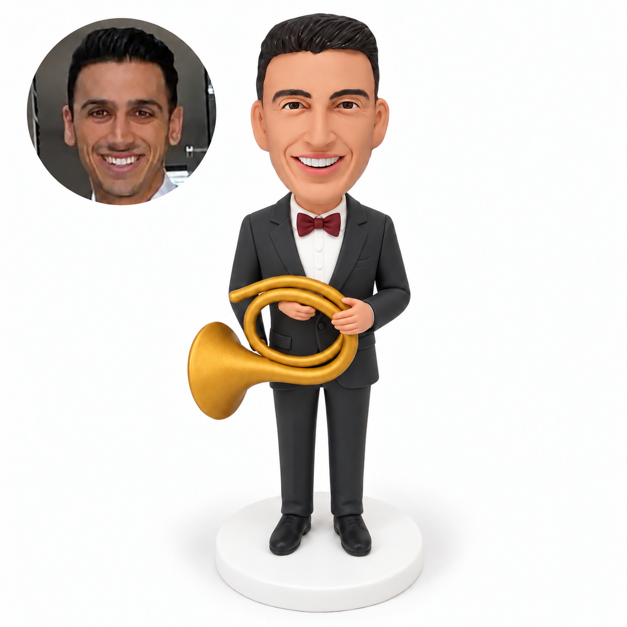 custom bobblehead figure male musician in a formal suit holding a french horn