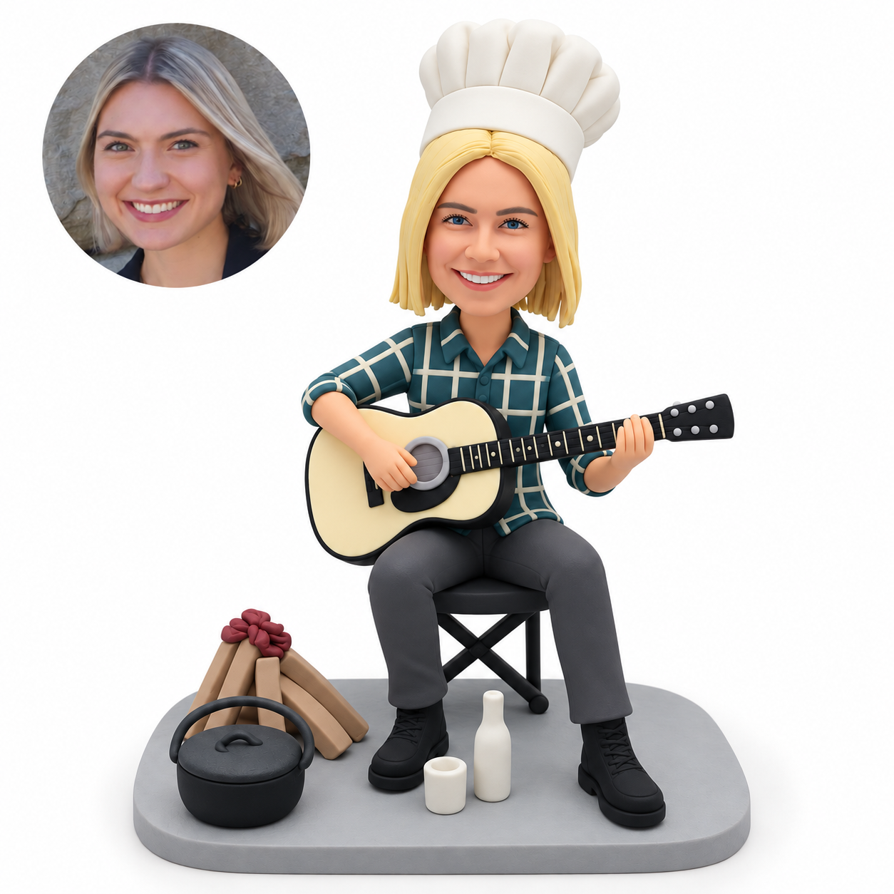 custom bobblehead figure female camp chef seated playing an acoustic guitar with cooking accessories