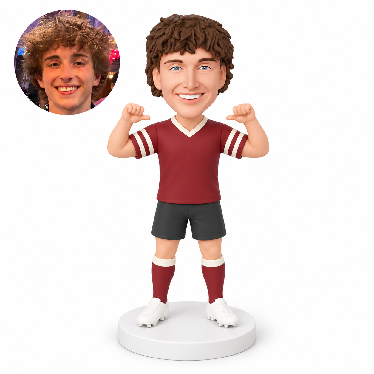 custom bobblehead figure male football player standing with both fists raised and thumbs pointing inward