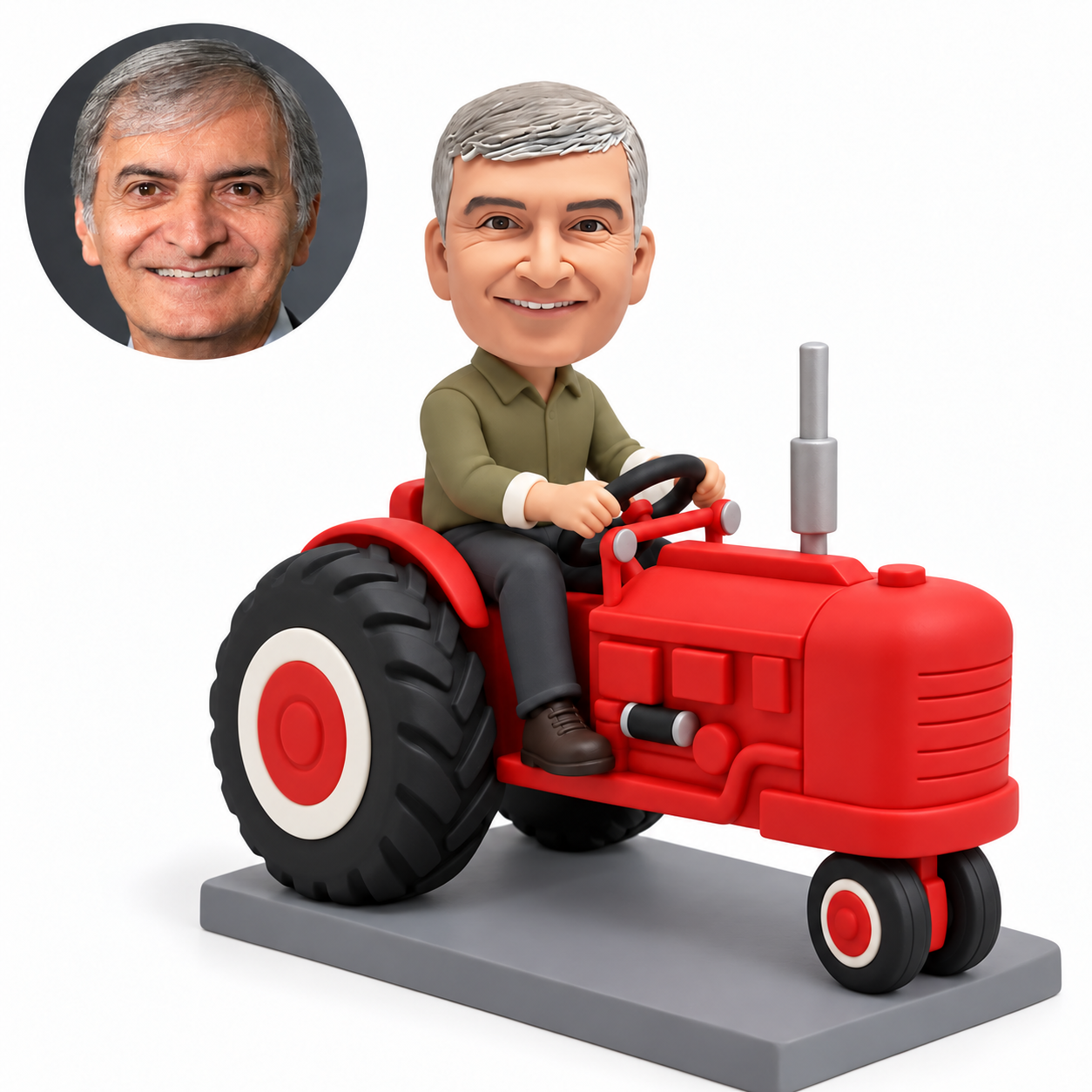 custom bobblehead figure male farmer driving a classic tractor with large rear wheels and narrow paired front wheels