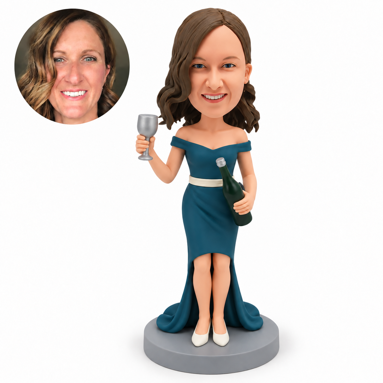 custom bobblehead figure female bartender holding a raised goblet and a wine bottle beside her hip