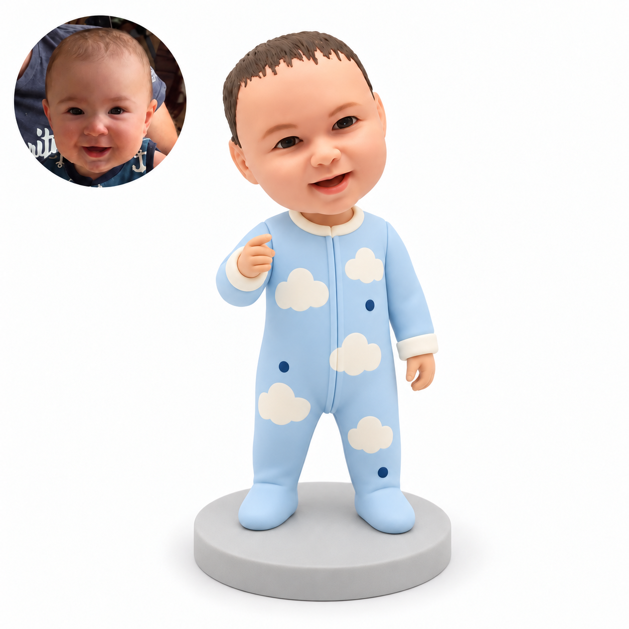 custom bobblehead figure baby standing in a footed onesie with one hand raised in front
