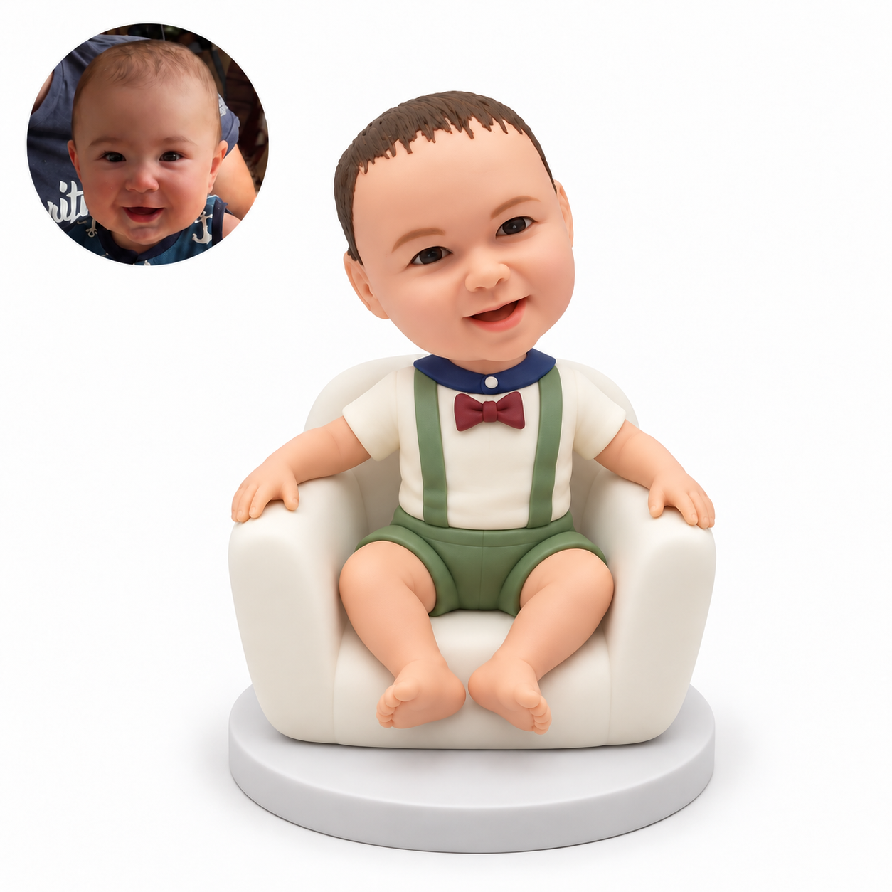 custom bobblehead figure baby sitting in an armchair with both hands resting on the armrests