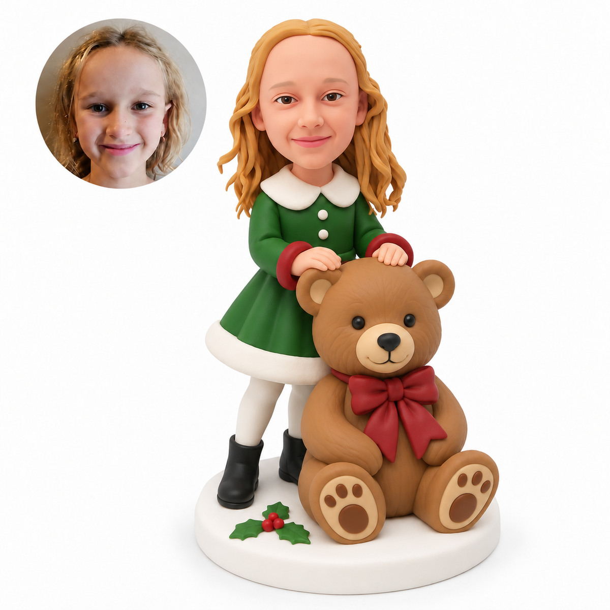 custom bobblehead figure girl in a festive coat dress standing behind a large seated teddy bear with both hands resting on its head
