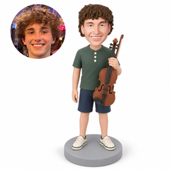 custom bobblehead figure man holding a violin and bow upright with his other arm lowered