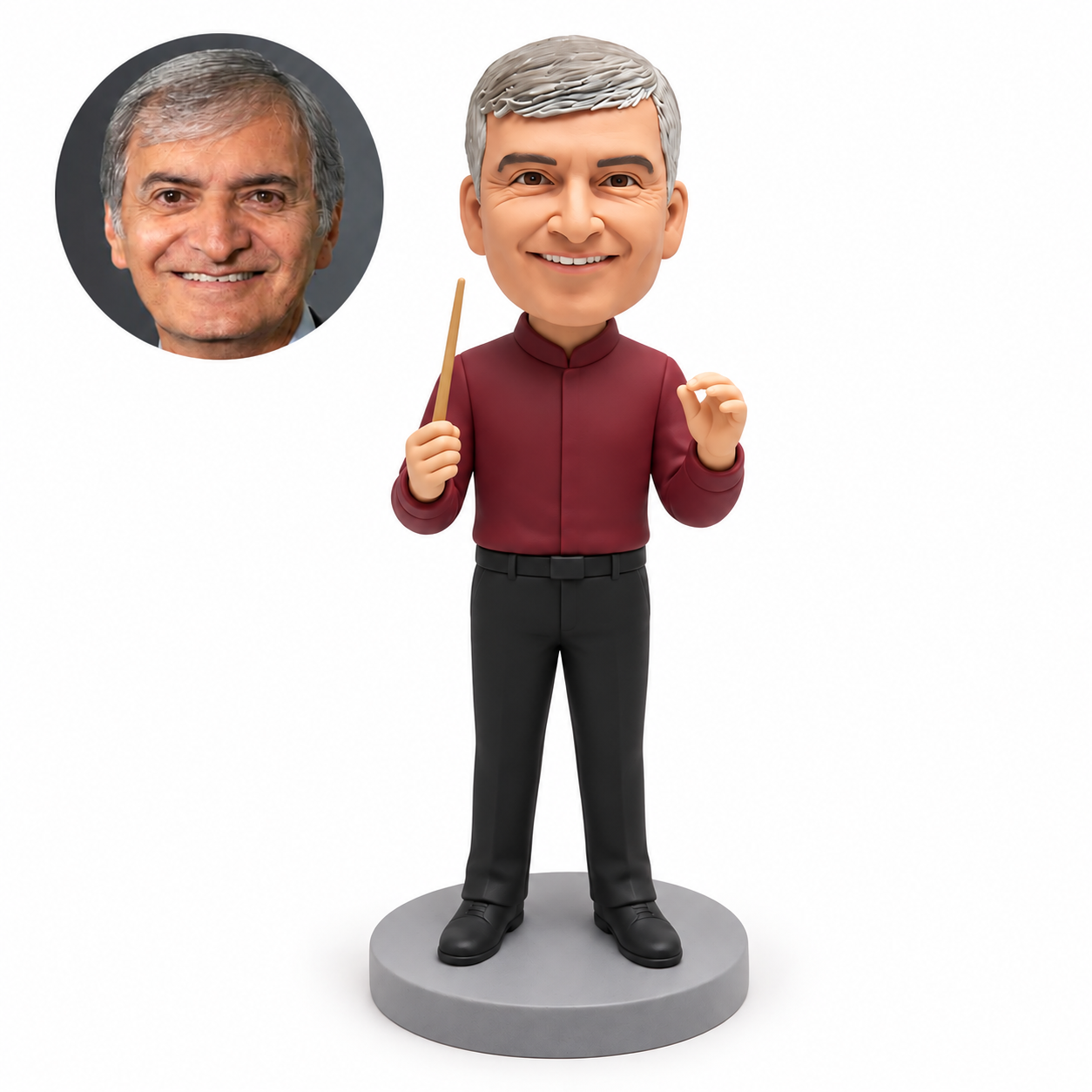 custom bobblehead figure male conductor holding an upright baton with both elbows bent in front