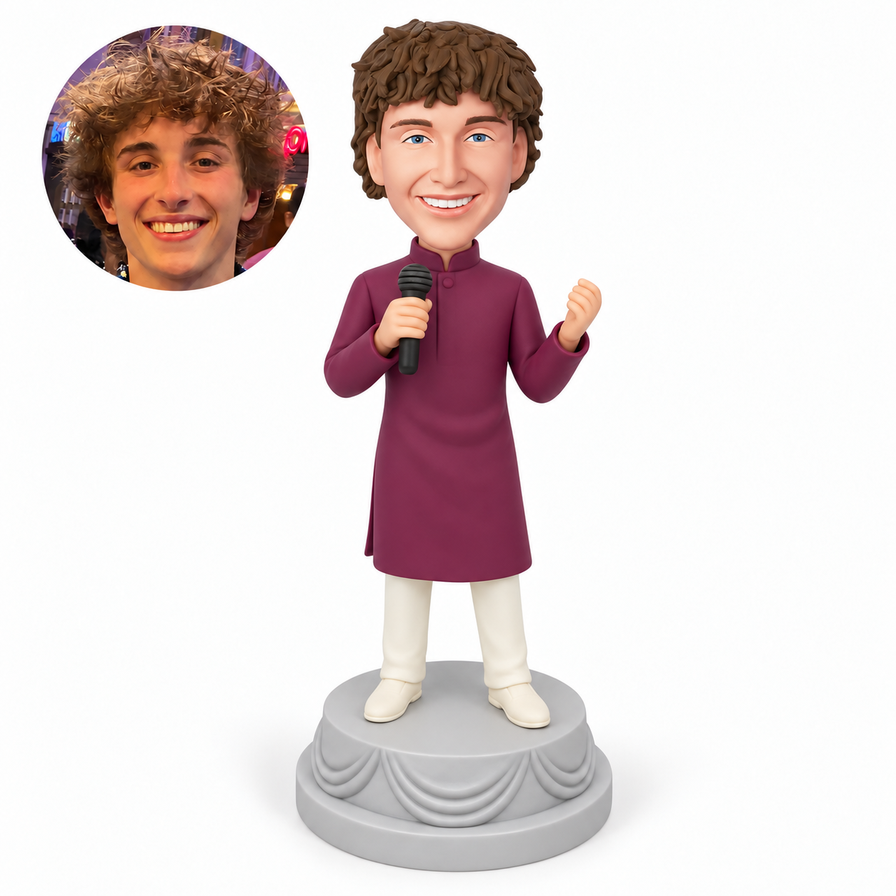 custom bobblehead figure male singer holding a microphone with his other hand curled beside his chest