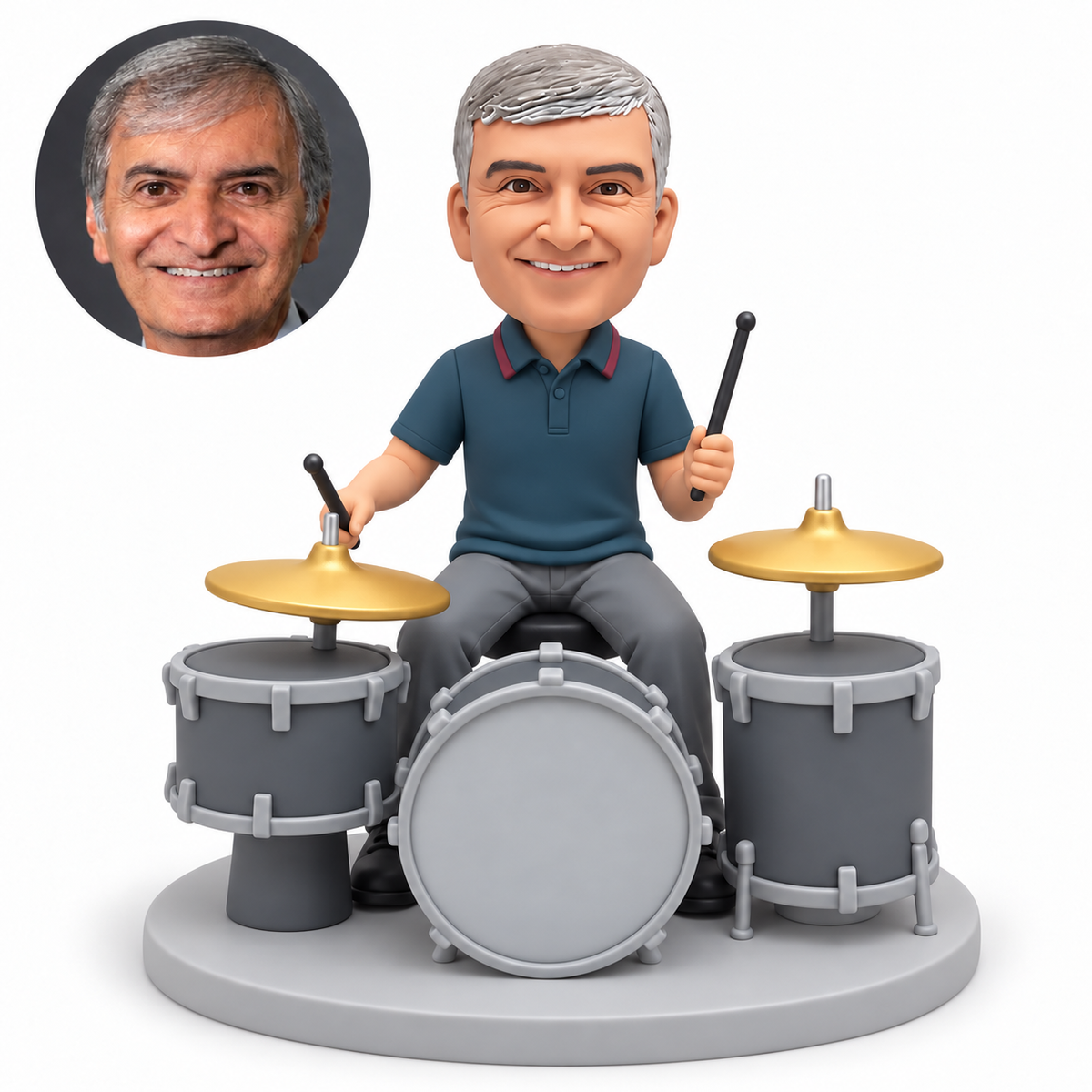 custom bobblehead figure male drummer seated at a three-drum kit with two cymbals and one drumstick raised