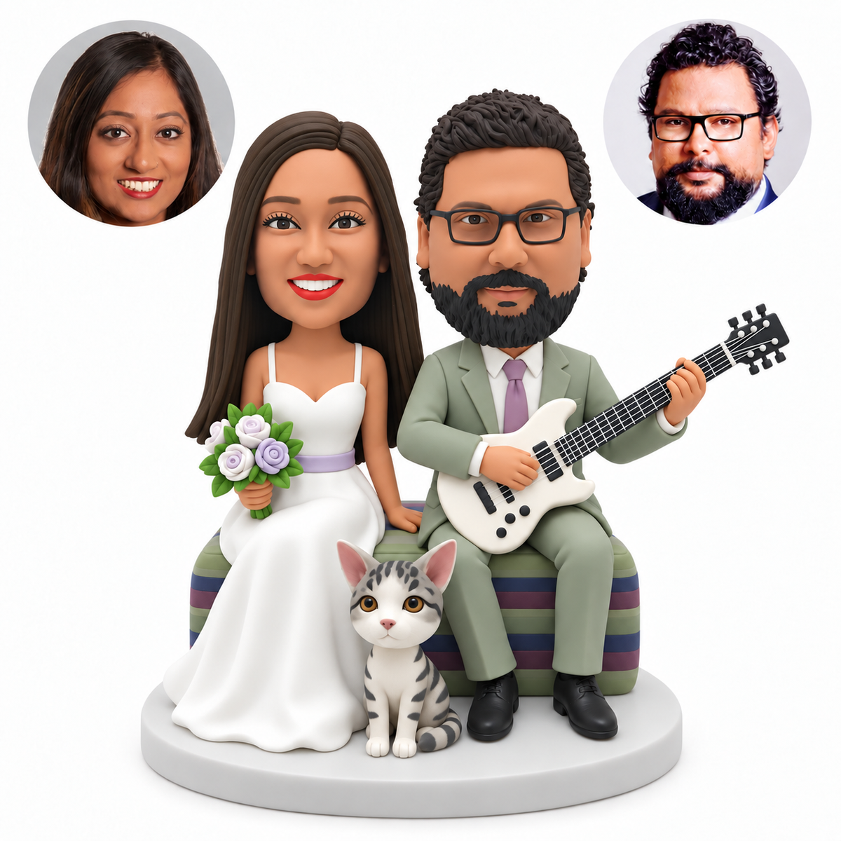 custom bobblehead figures wedding couple seated with an electric guitar and bouquet beside a fixed seated tabby cat