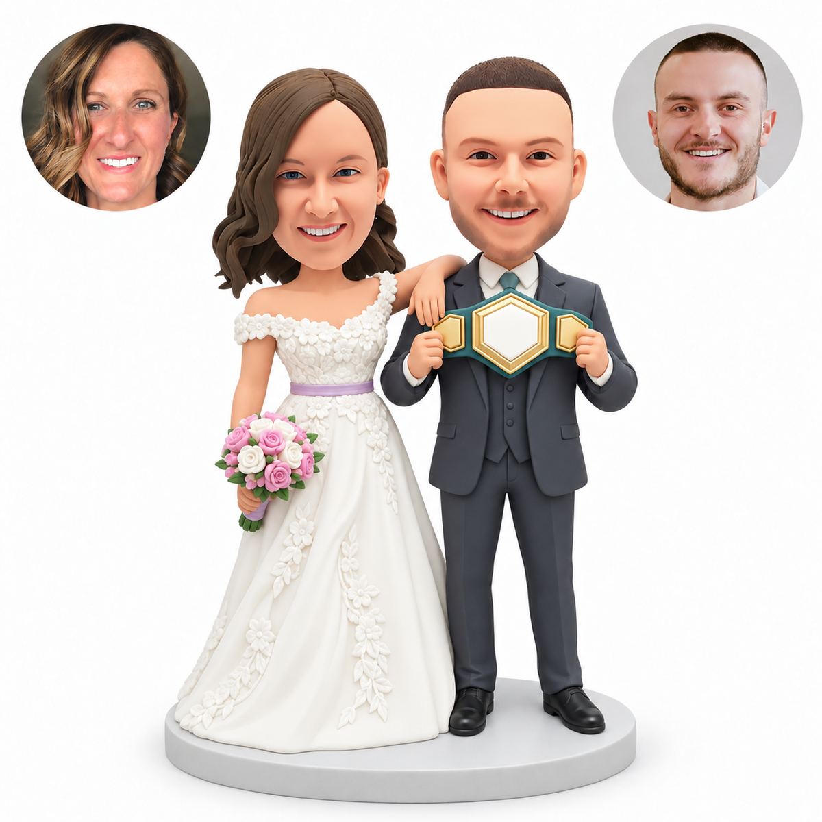 custom bobblehead figures wedding couple with the bride resting her arm on the groom's shoulder as he holds a championship belt at chest height