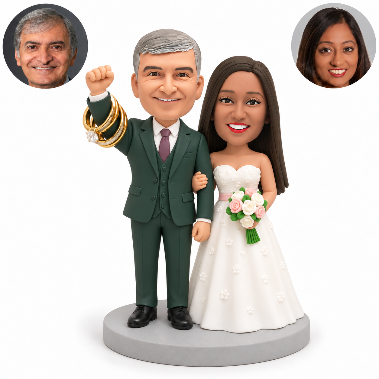 custom bobblehead figures wedding couple with the groom raising one fist beside decorative ring loops and the bride linking his arm while holding a bouquet