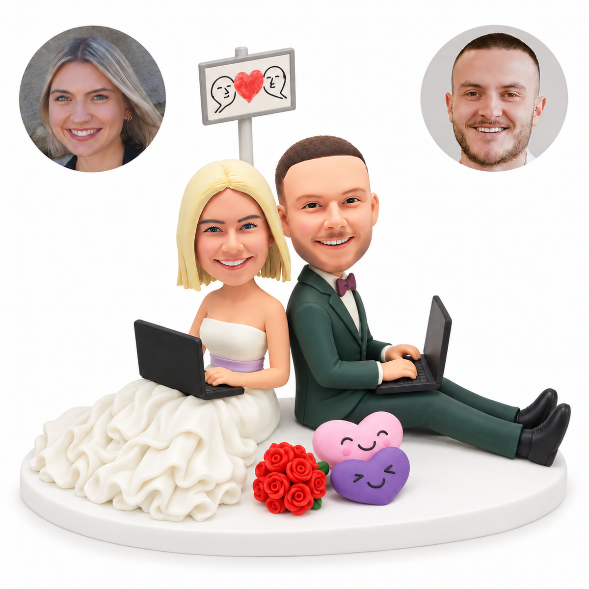 custom bobblehead figures wedding couple seated on the floor using two laptops beside a heart sign