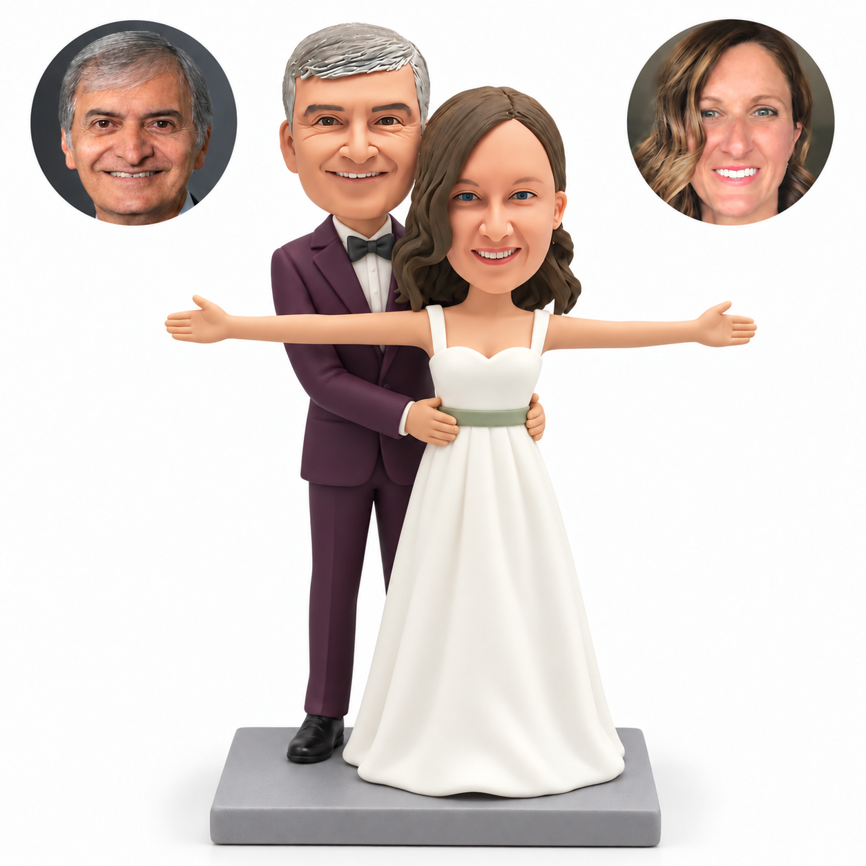 custom bobblehead figures wedding couple with the bride stretching both arms sideways and the groom holding her waist from behind
