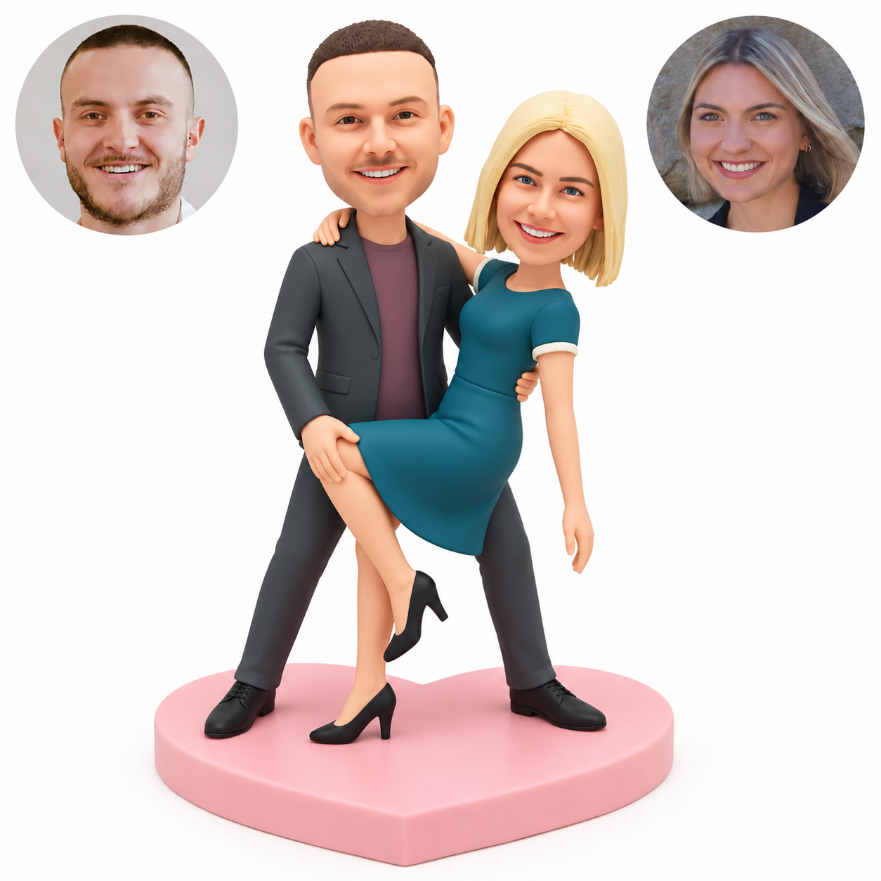 custom bobblehead figures dancing couple with the man supporting a leaning woman at her back and bent knee