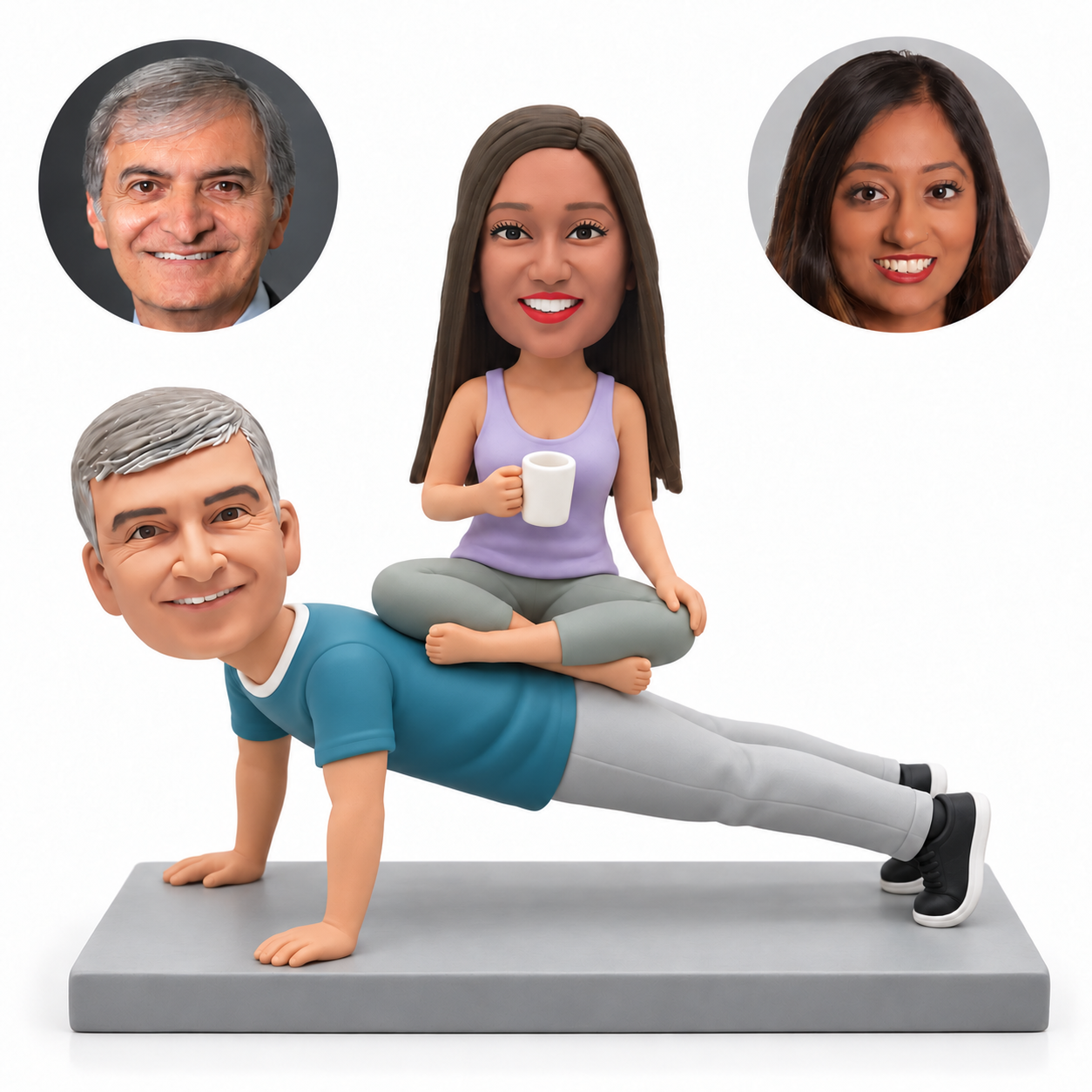 custom bobblehead figures couple with the man in a straight-arm push-up and the woman sitting cross-legged on his back holding a cup