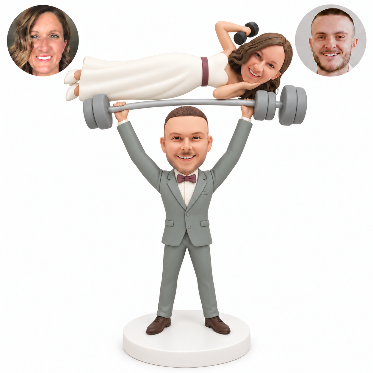 custom bobblehead figures standing groom lifting a barbell overhead with a reclining bride holding a small dumbbell
