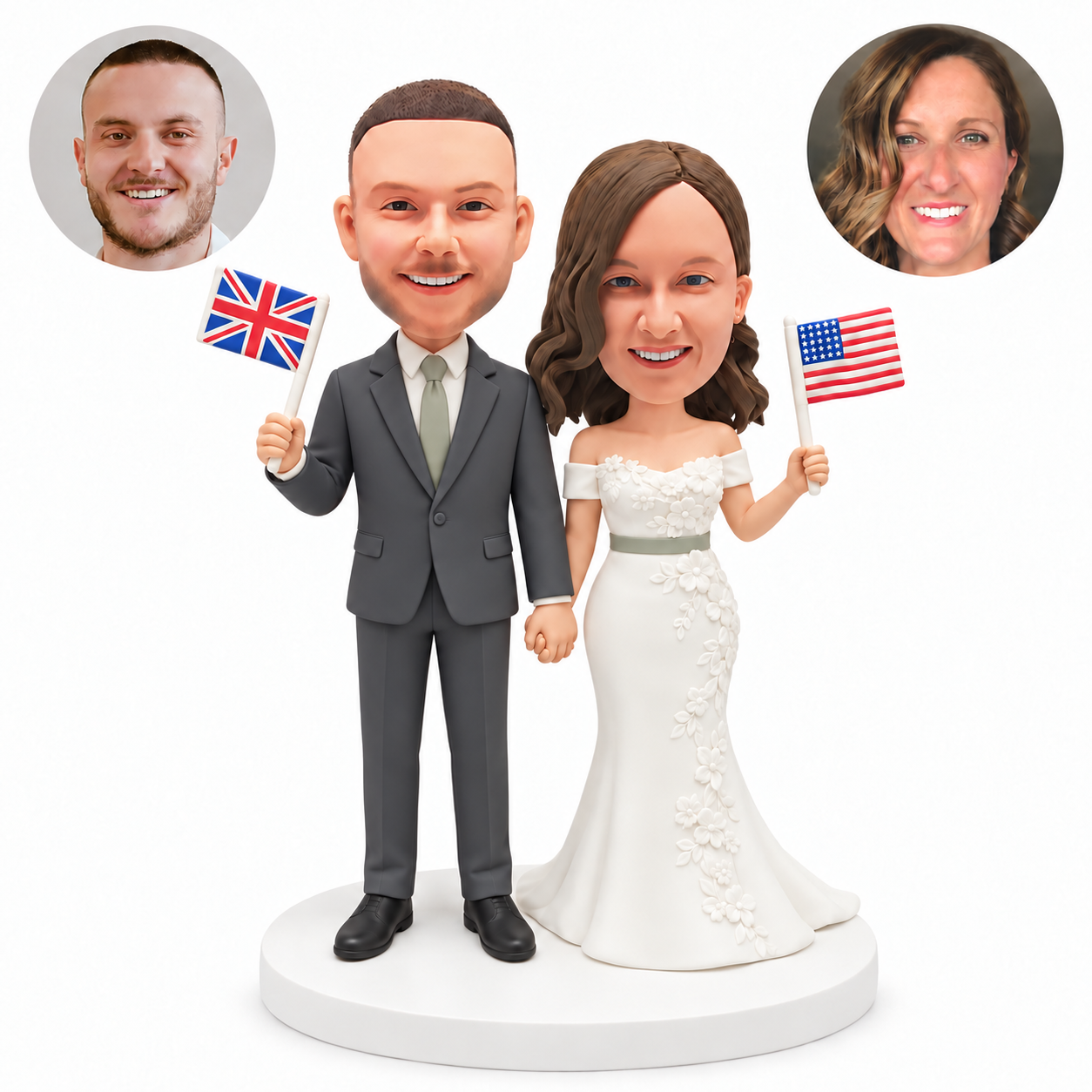 custom bobblehead figures wedding couple holding hands and carrying British and American flags