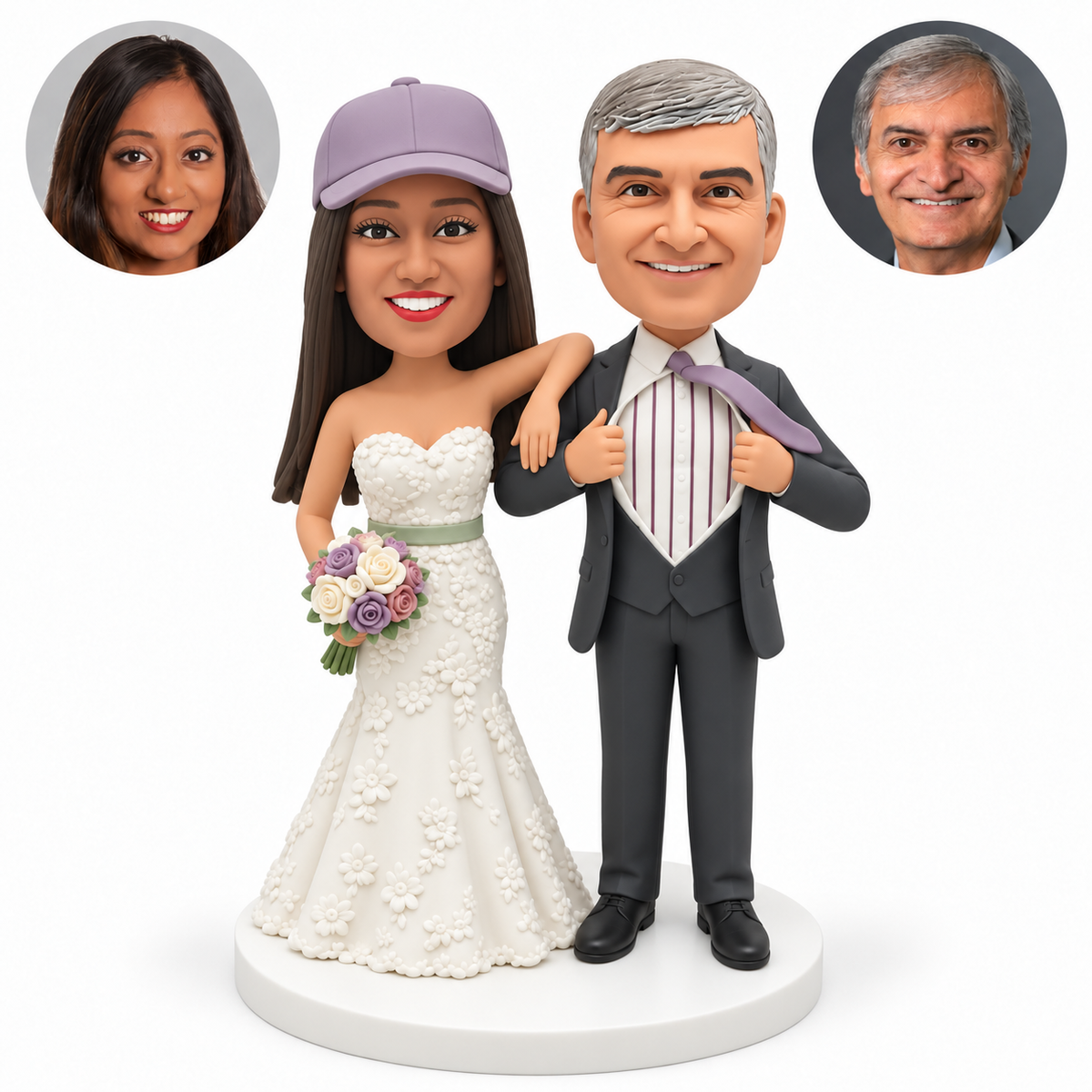 custom bobblehead figures baseball fan groom opening his jacket with both hands beside a capped bride holding a bouquet and resting her arm on his shoulder