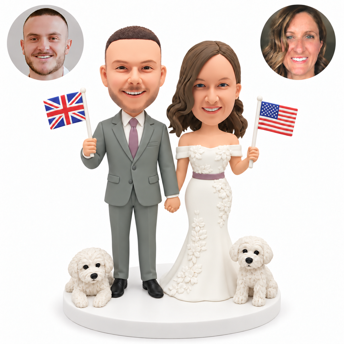 custom bobblehead figures wedding couple holding hands and two national flags with two fixed white dogs