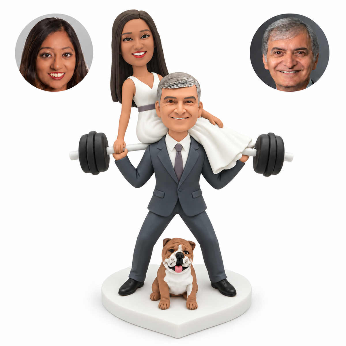 custom bobblehead figures groom carrying a barbell with a seated bride and a fixed bulldog