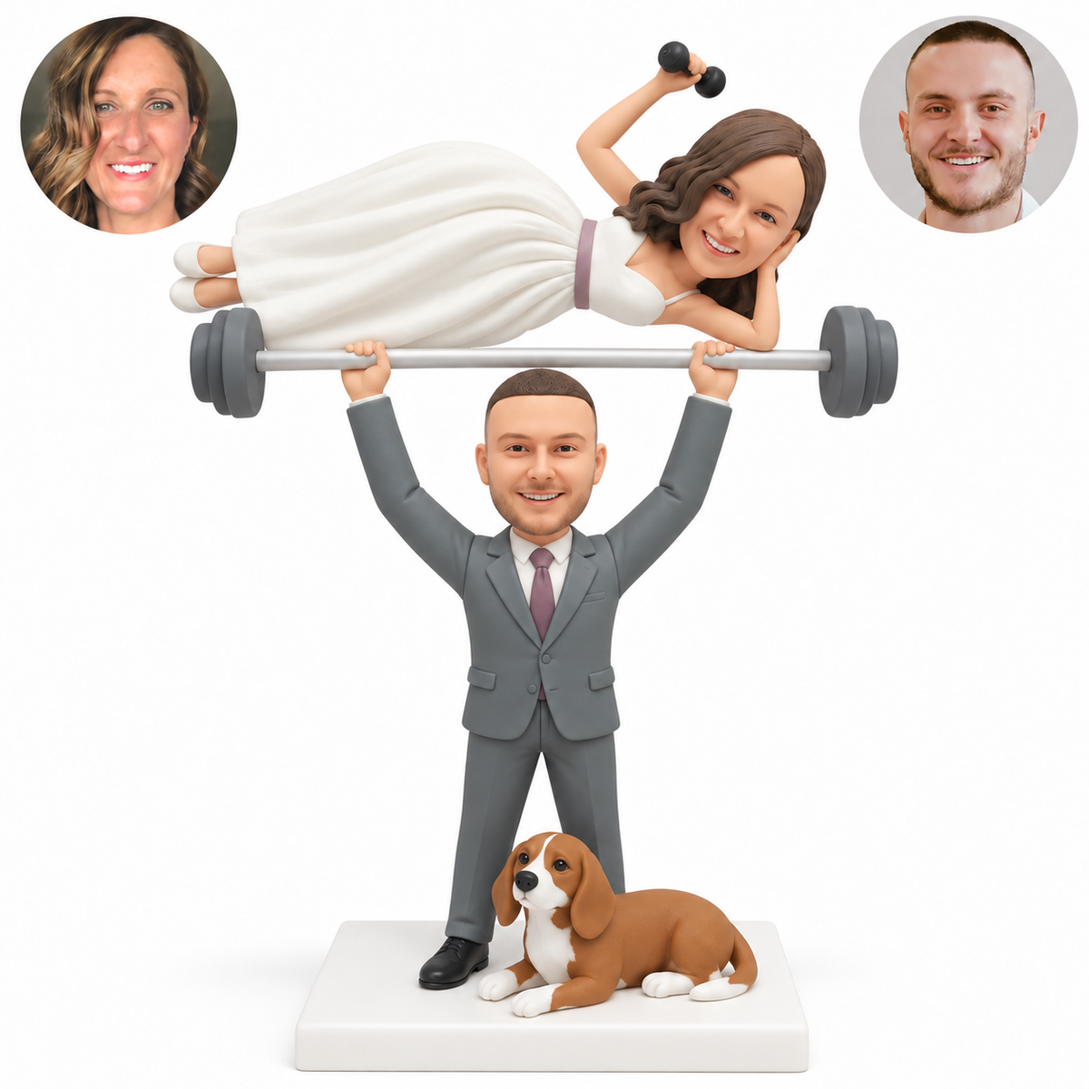 custom bobblehead figures standing groom lifting a bride on an overhead barbell with a fixed beagle