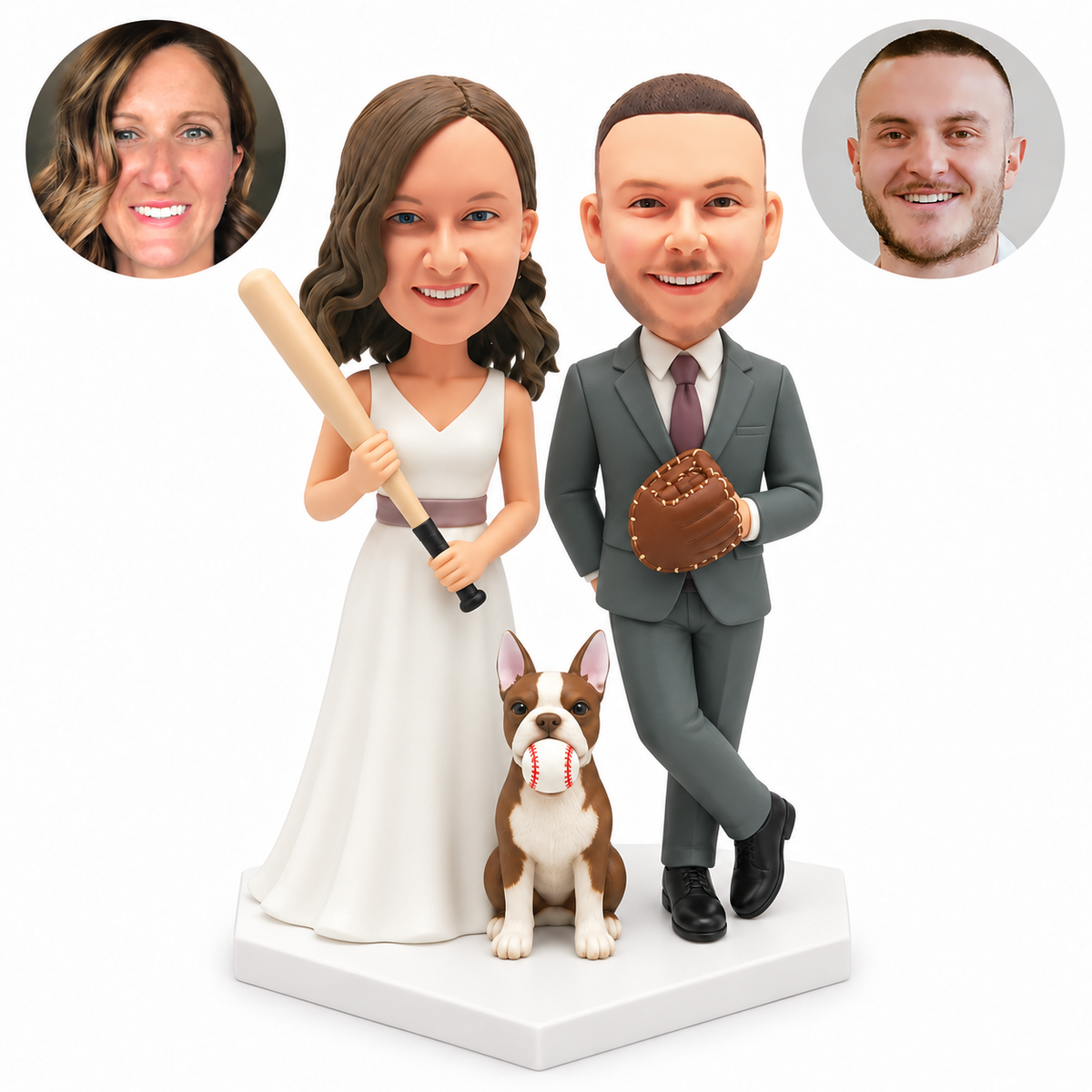 custom bobblehead figures bride holding a baseball bat with both hands beside a groom holding a mitt and a fixed dog