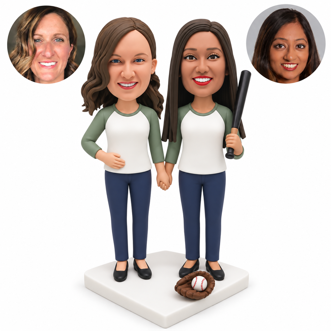 custom bobblehead figures two women holding hands with one holding an upright baseball bat and a mitt and ball at their feet