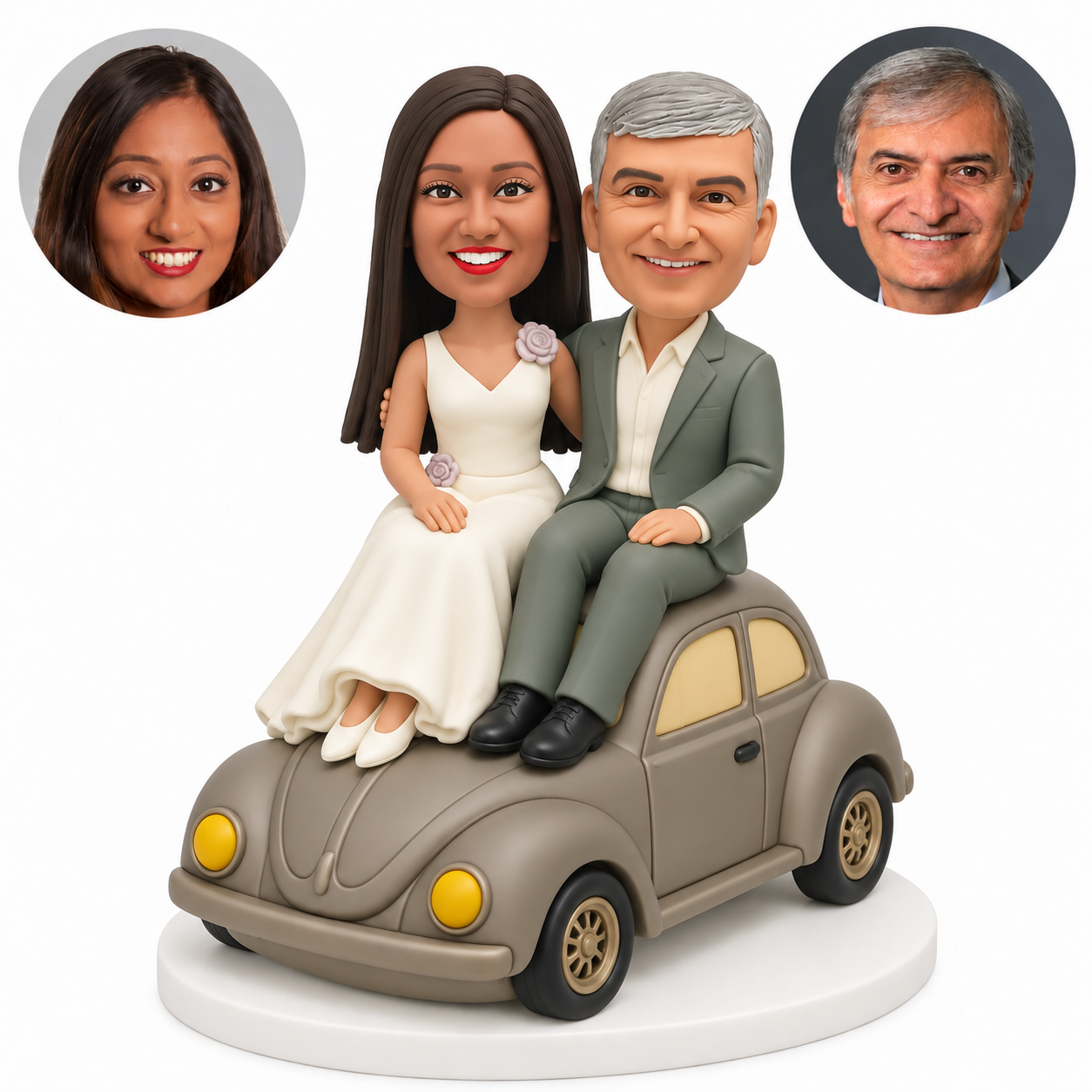 custom bobblehead figures wedding couple seated on the roof of a fixed rounded classic car