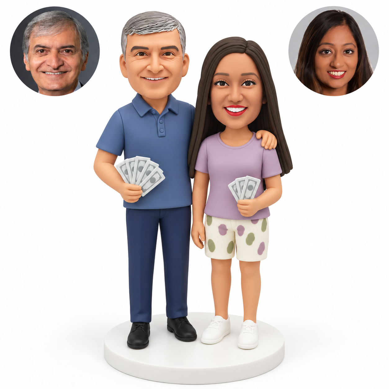 custom bobblehead figures couple with the man resting an arm on the woman's shoulder and each holding a fan of money