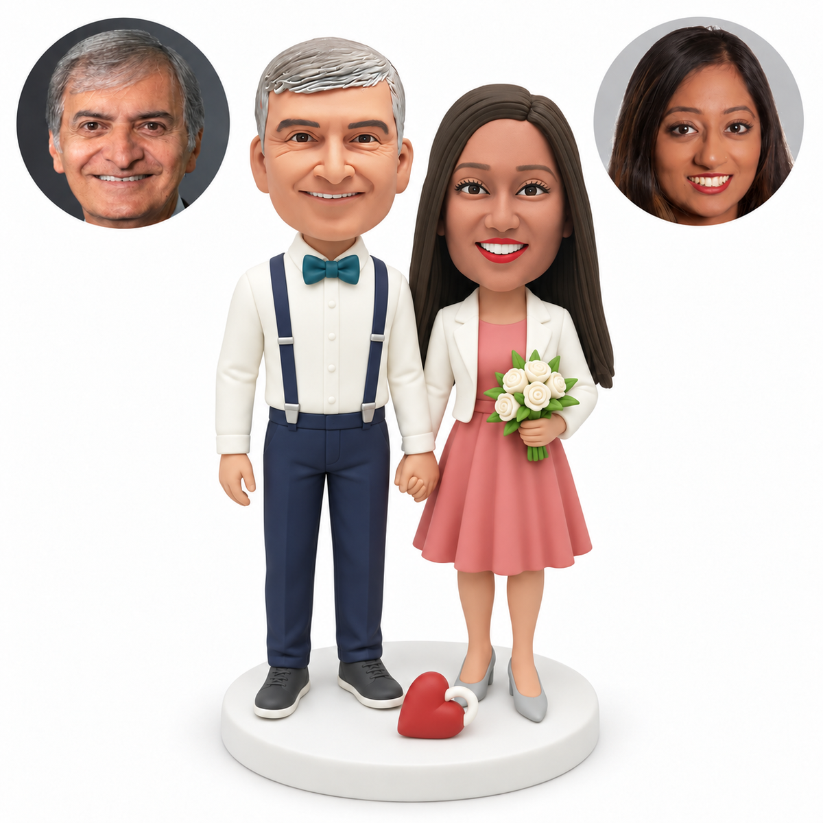custom bobblehead figures couple holding hands with the woman holding a bouquet and a fixed heart-shaped ornament on the base
