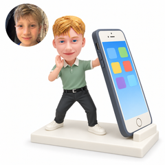 custom bobblehead figure boy standing with one hand raised beside his face and the other supporting a large tilted phone model