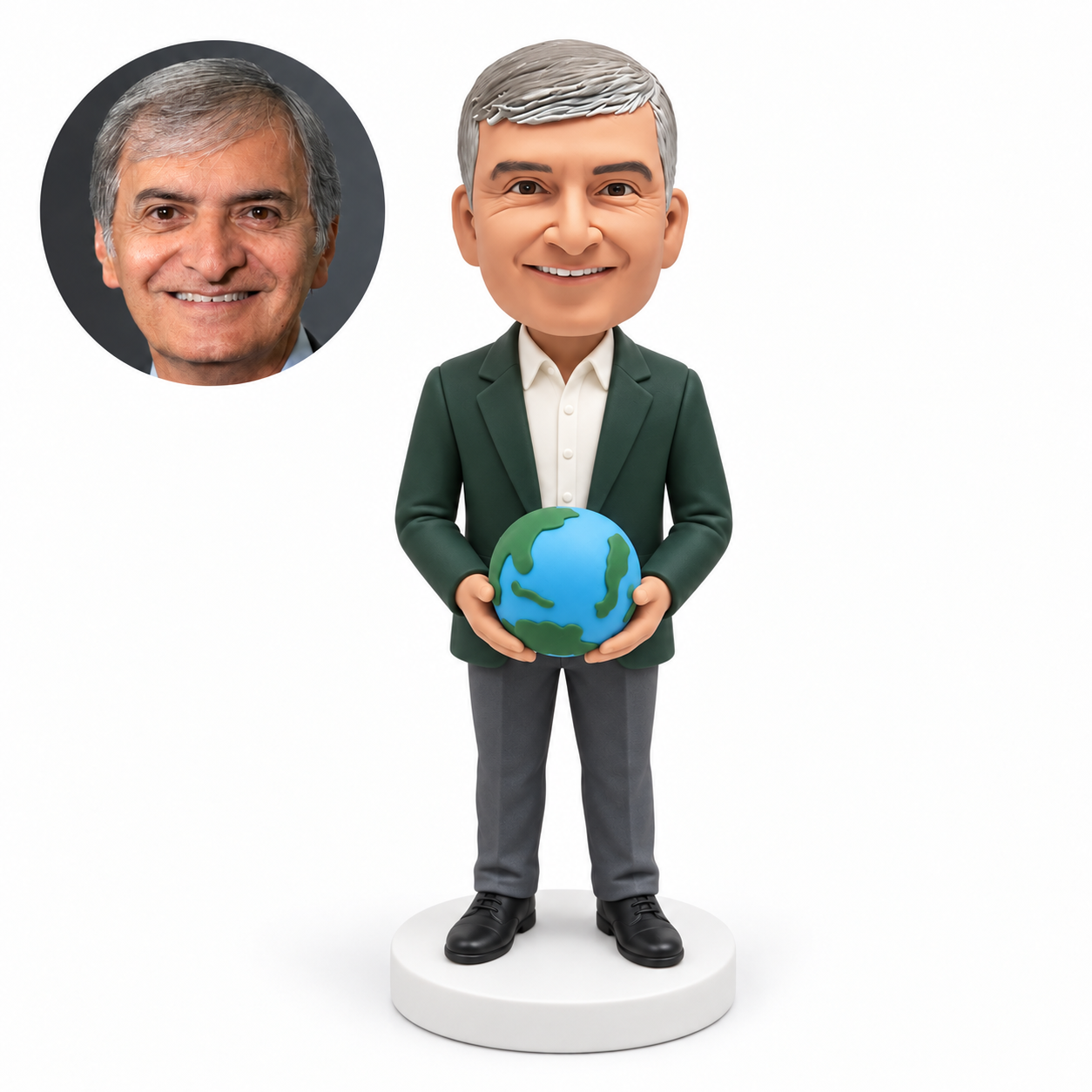 custom bobblehead figure man in a blazer holding a globe with both hands in front of his waist