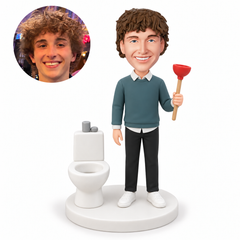 custom bobblehead figure man standing beside a toilet holding an upright plunger with his other arm down