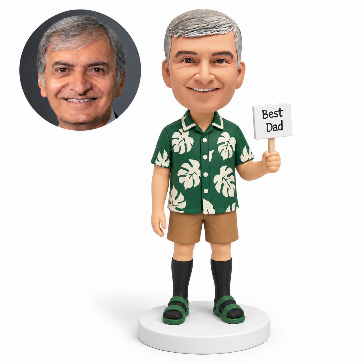 custom bobblehead figure man in a tropical shirt and shorts holding a best dad flag in his left hand with his right arm down