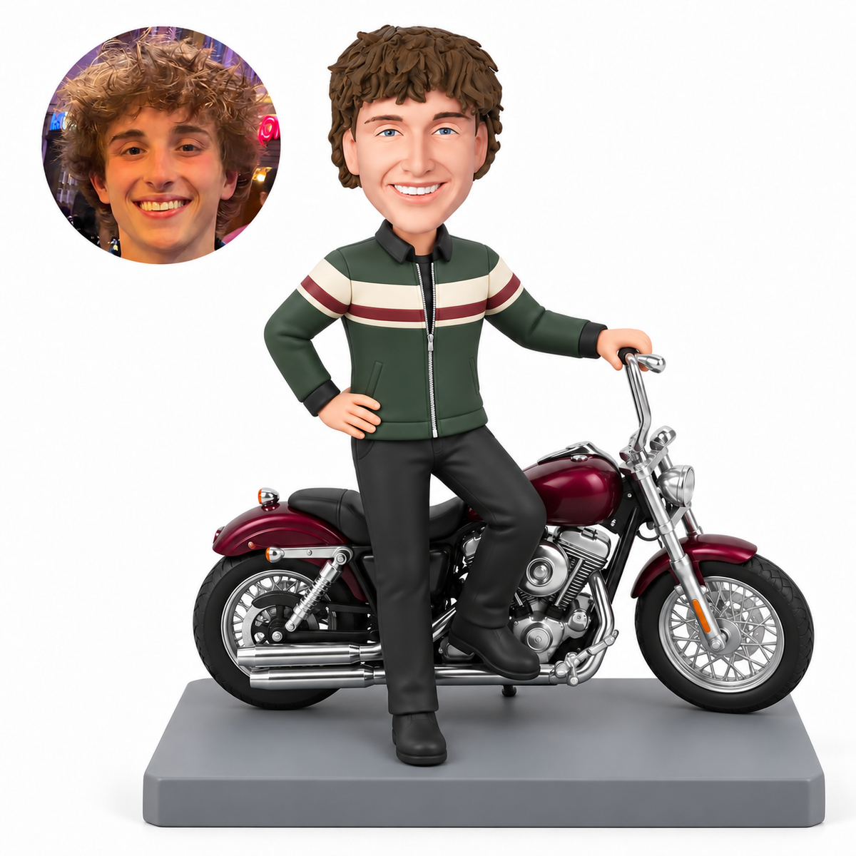 custom bobblehead figure male rider beside a cruiser motorcycle with his right hand on his hip and left hand on the handlebar