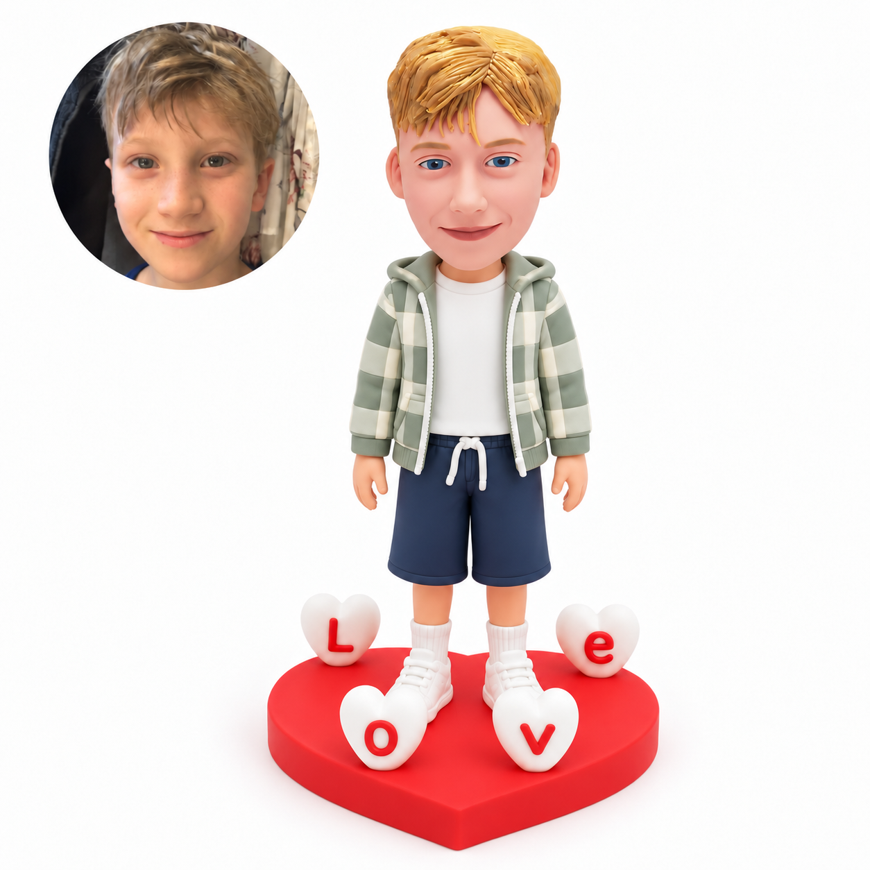 custom bobblehead figure boy standing among four LOVE letter hearts on a heart-shaped base