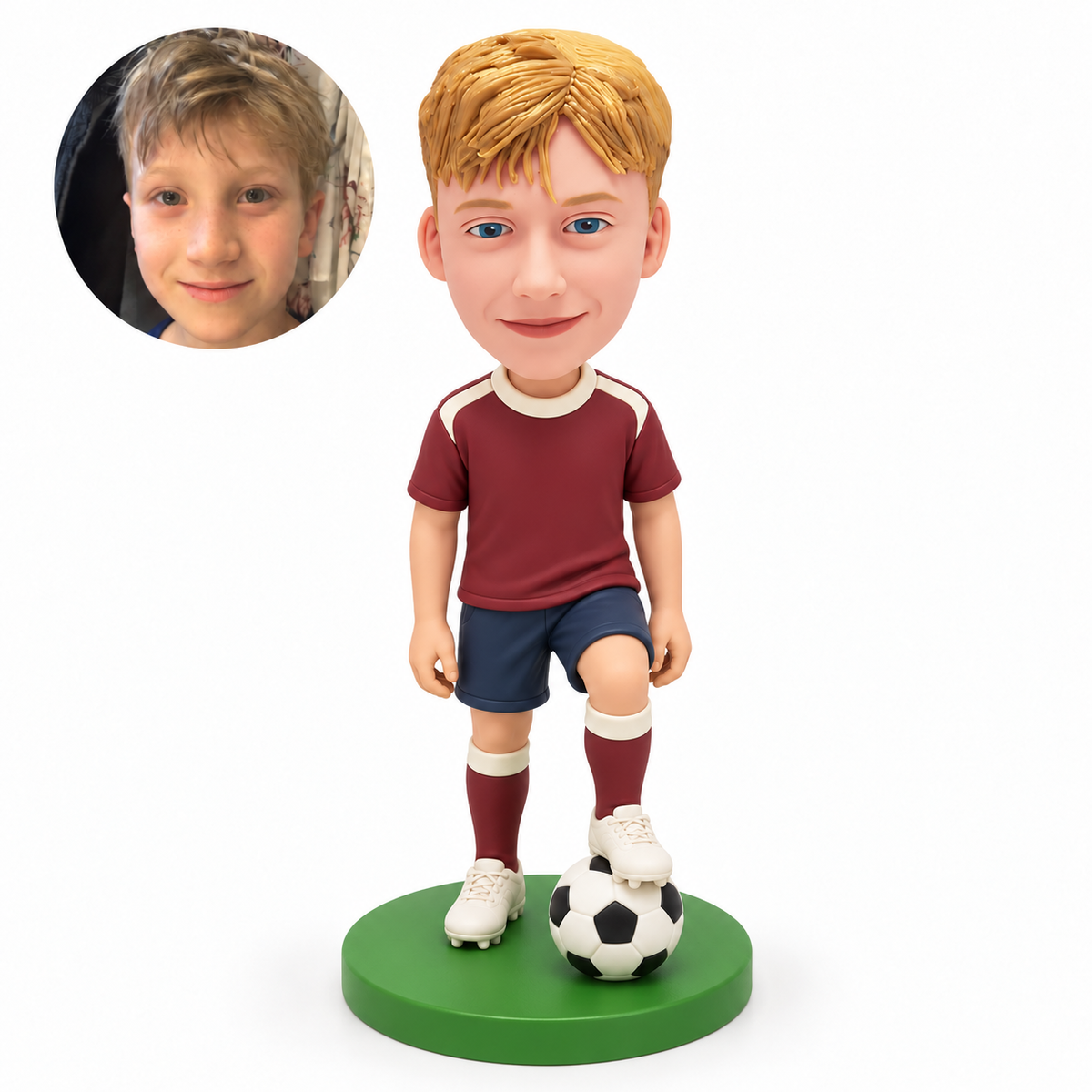 custom bobblehead figure boy soccer player with both arms down and one foot resting on a ball