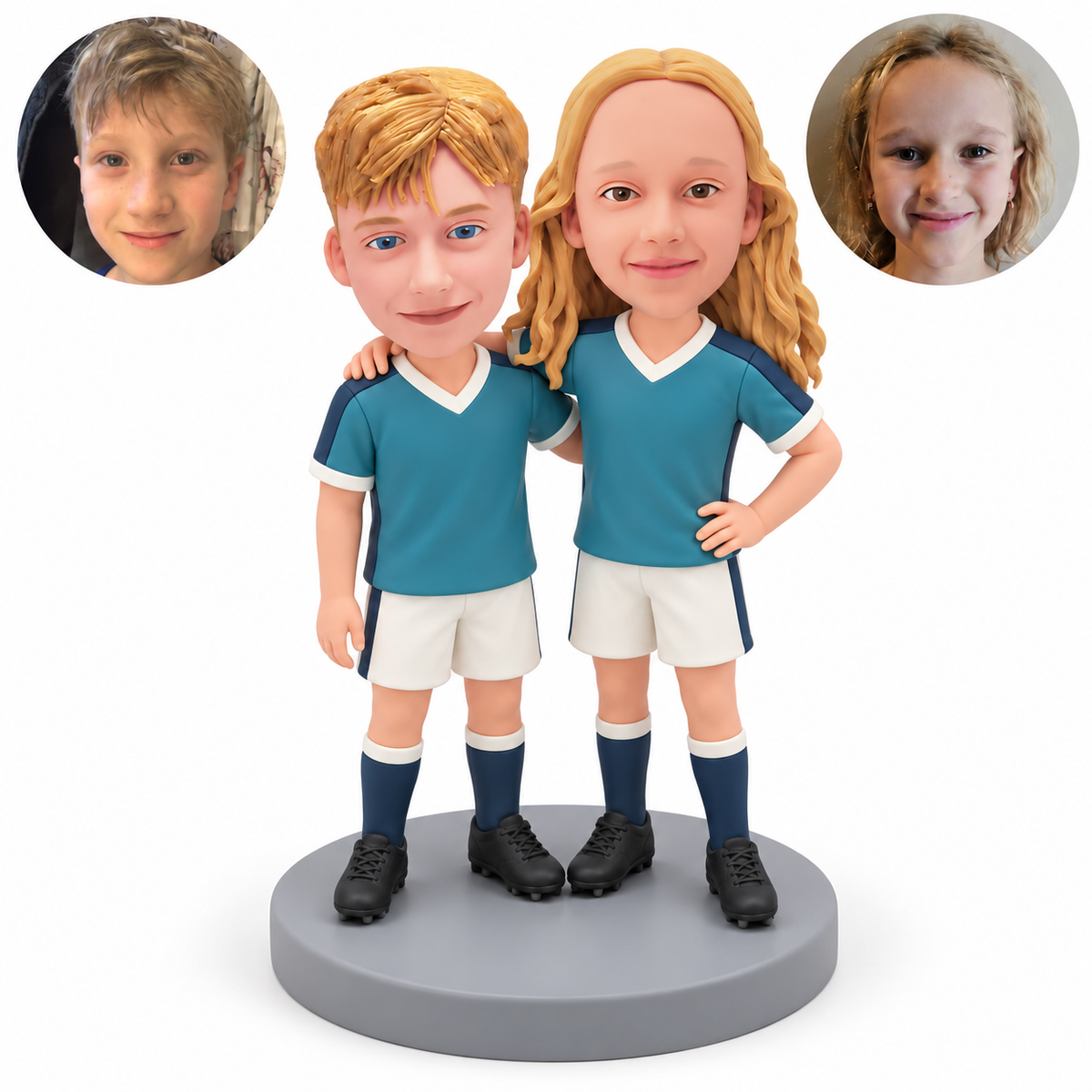 custom bobblehead figures brother and sister in soccer kits standing with their arms around each other