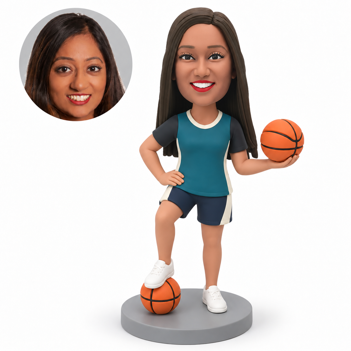 custom bobblehead figure female basketball player holding one ball with her other hand on her hip and a foot on a second ball