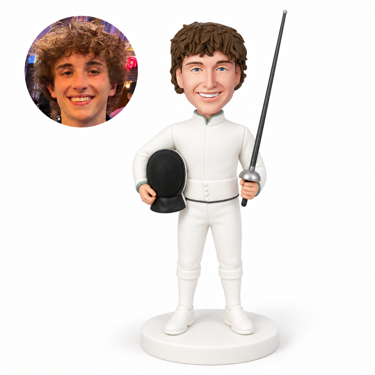 custom bobblehead figure male fencer standing with a mask at his waist and a foil held upright