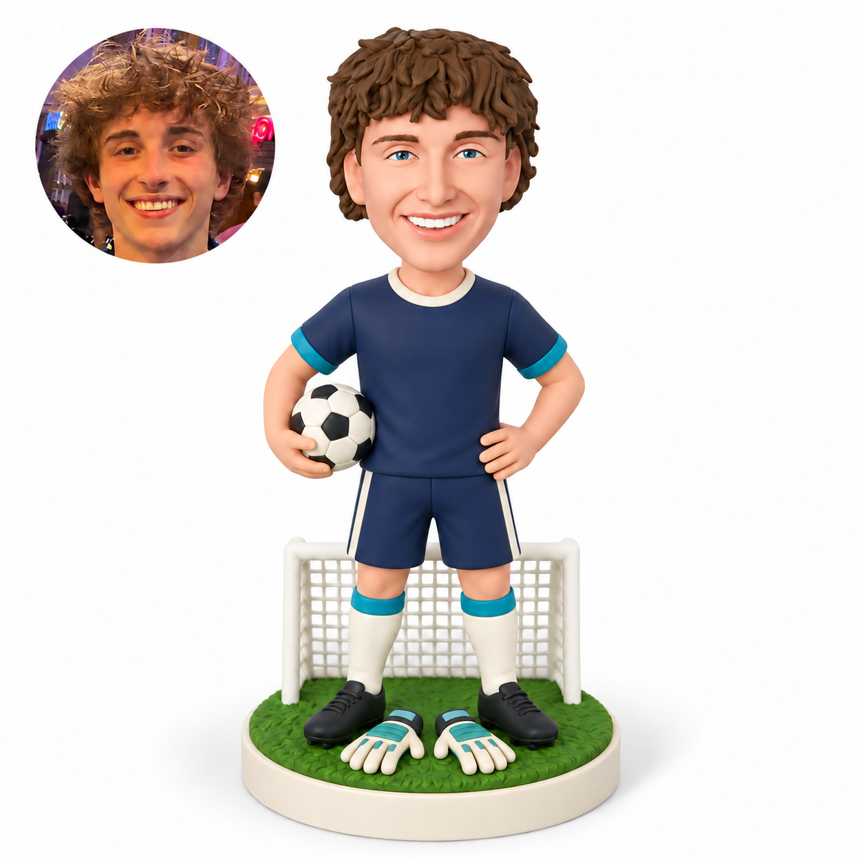custom bobblehead figure male soccer goalkeeper holding a ball beside a small goal with gloves on the base
