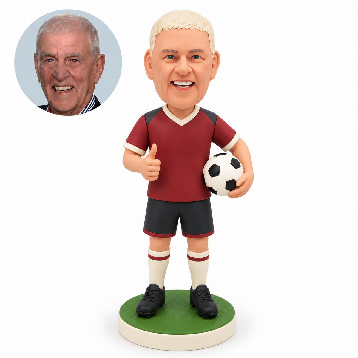 custom bobblehead figure male soccer player holding a ball at his hip and giving a thumbs up