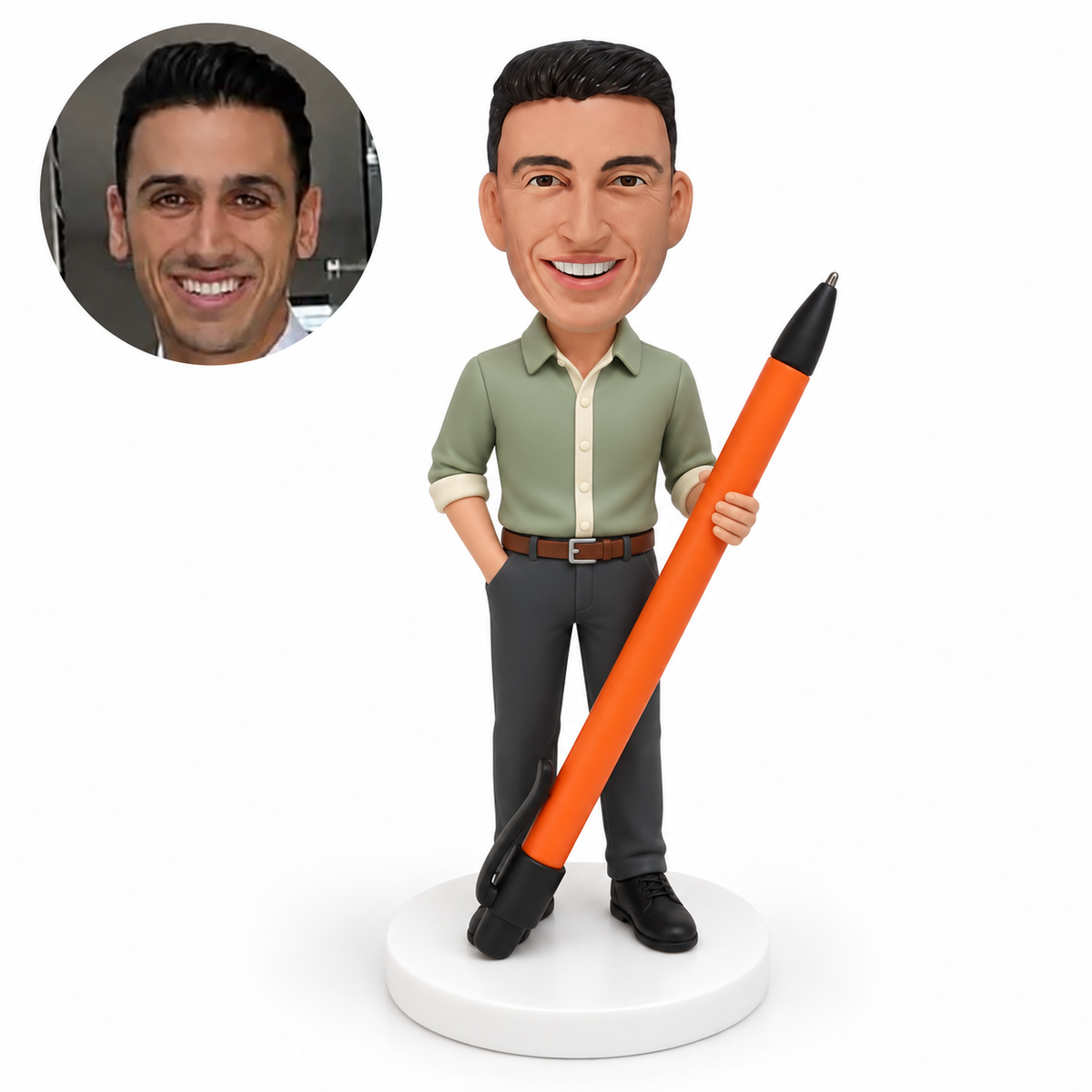 custom bobblehead figure man holding a diagonal giant pen with his other hand in his pocket