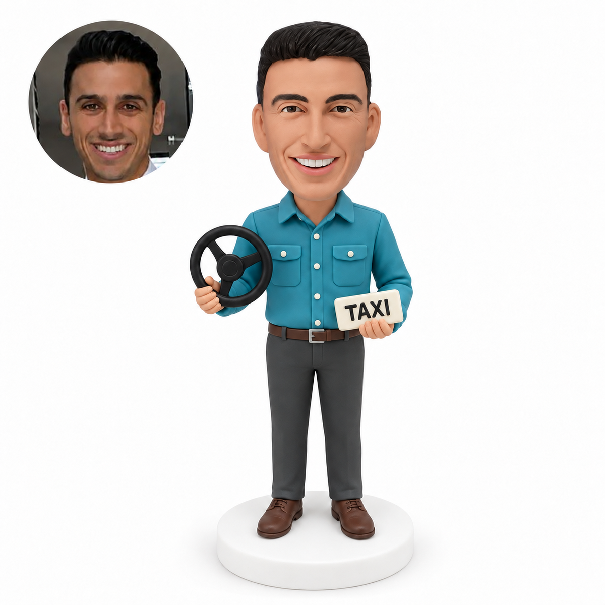 custom bobblehead figure taxi driver holding a steering wheel and a taxi sign