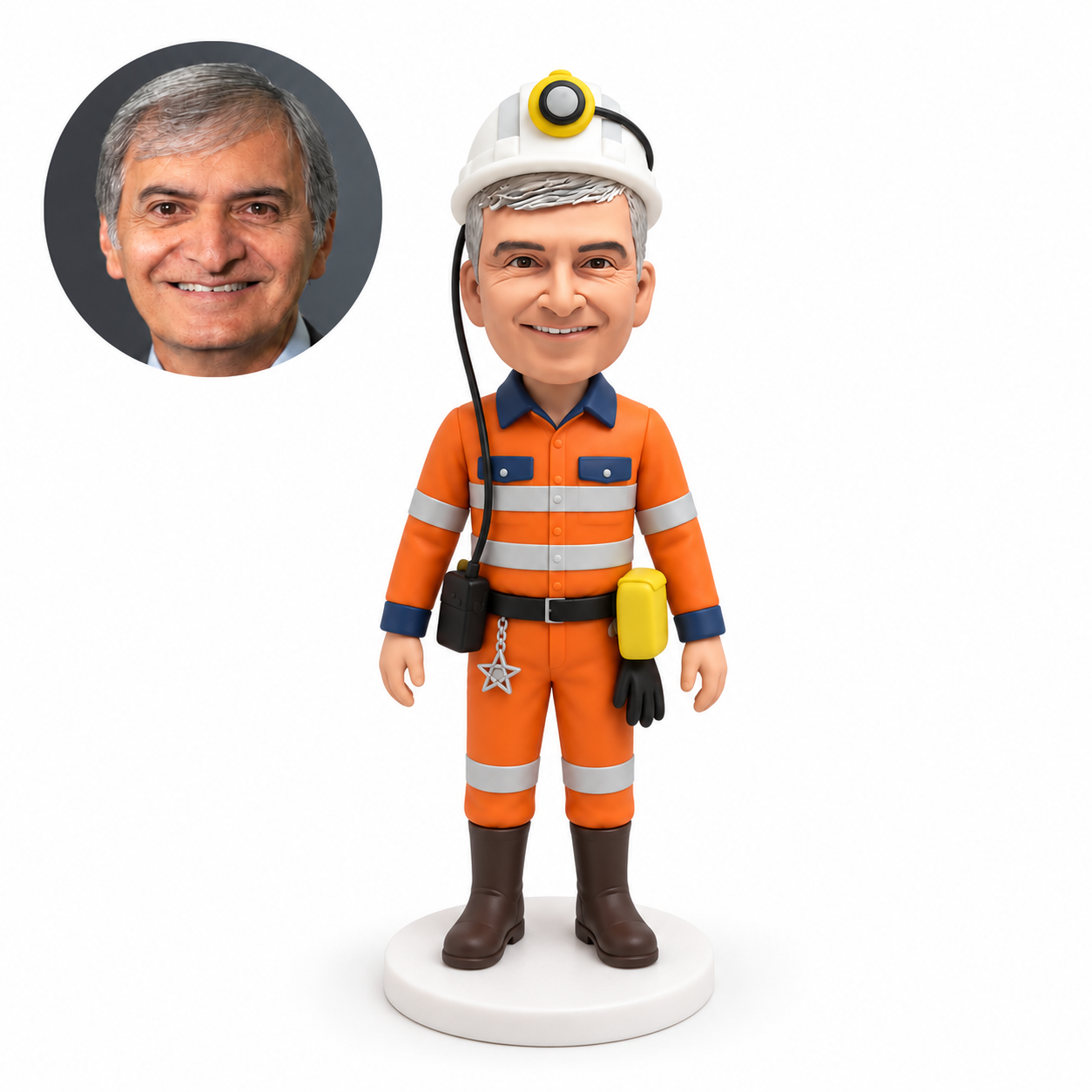 custom bobblehead figure male miner with a helmet lamp and belt-mounted equipment