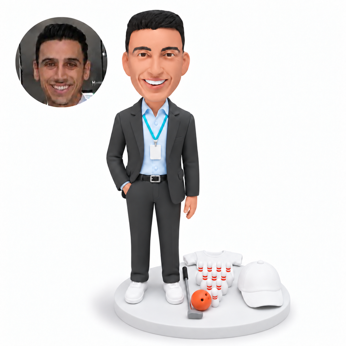 Custom business professional bobblehead standing beside bowling pins, ball, putter and sports mementos