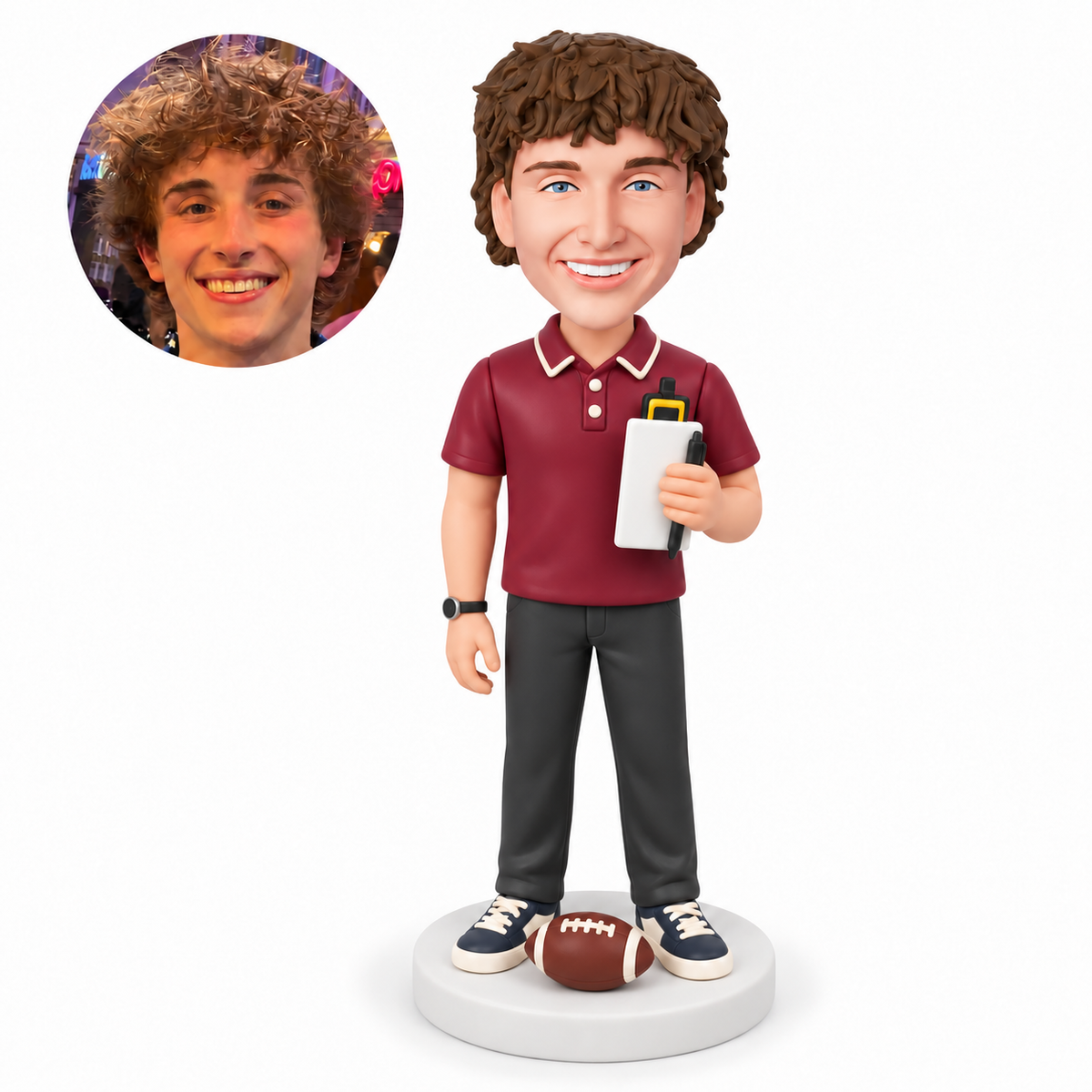 custom bobblehead figure male football coach holding a notepad with a football on the base