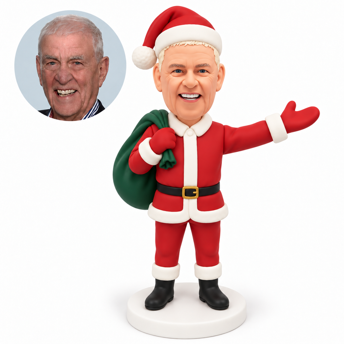 custom bobblehead figure male Santa holding a shoulder sack with his other arm extended outward